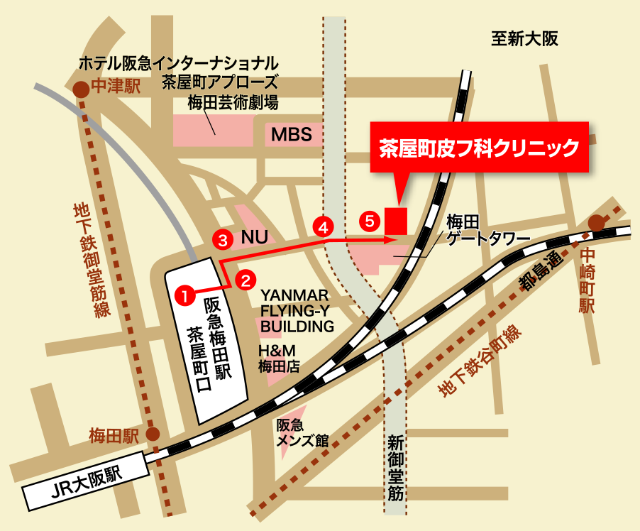 茶屋町皮膚科クリニックのアクセスマップ